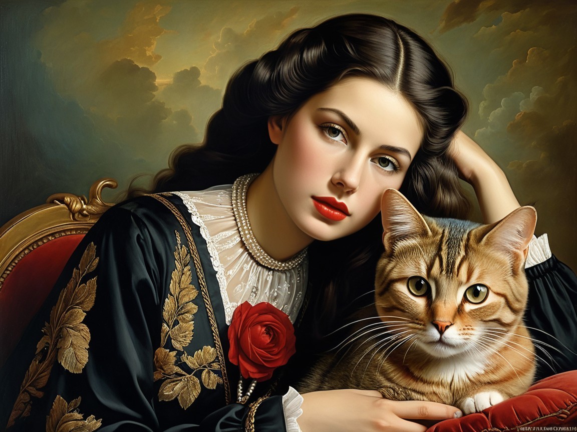 Elegant Woman in Black Gown with Tabby Cat