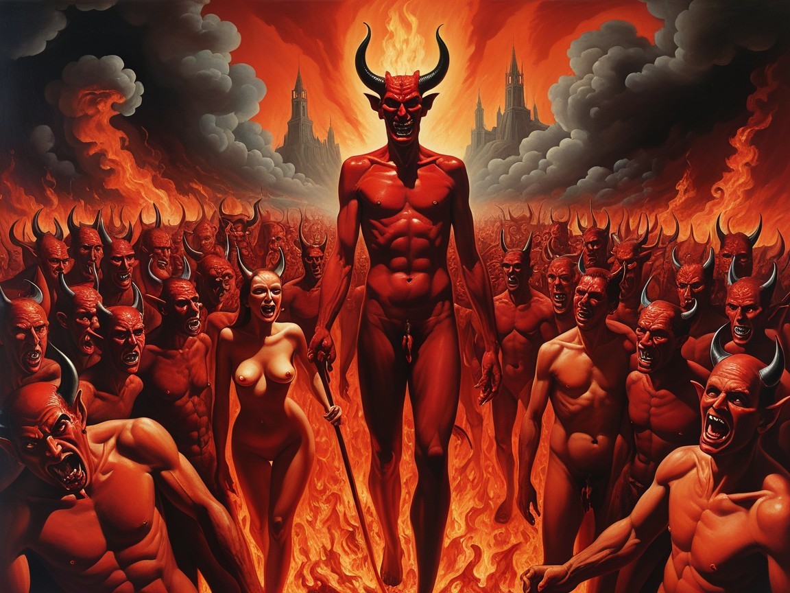 Dramatic Fiery Landscape with Horned Demonic Figures