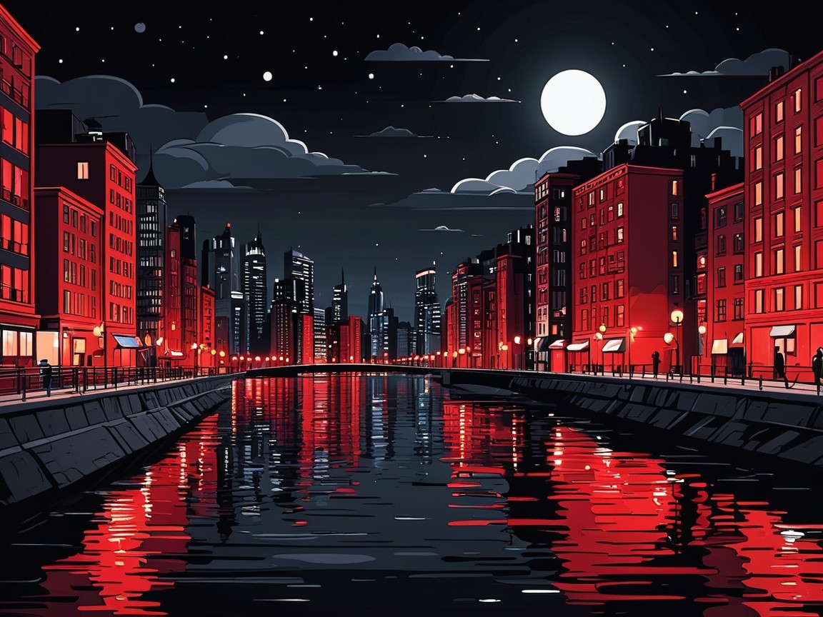 Urban night scene with glowing river and skyline