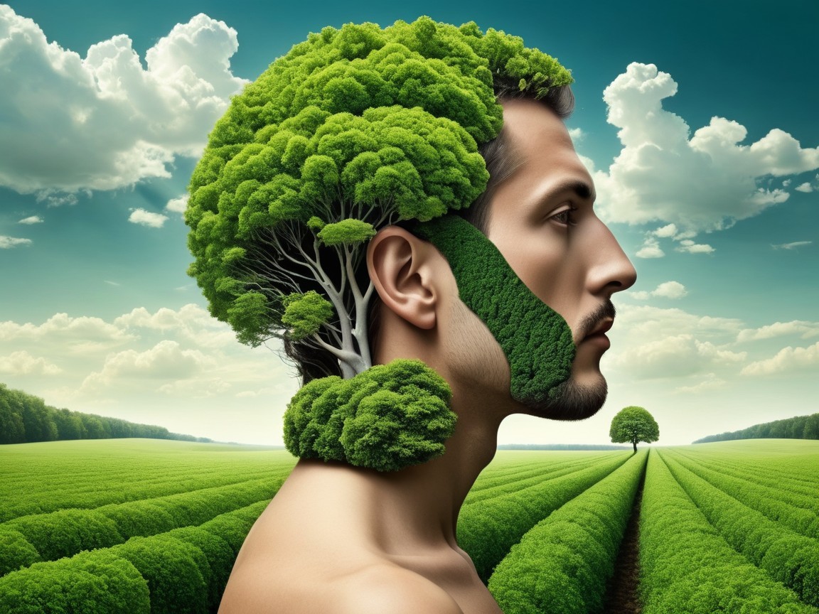 Man with Tree-Like Hairstyle in Vibrant Landscape