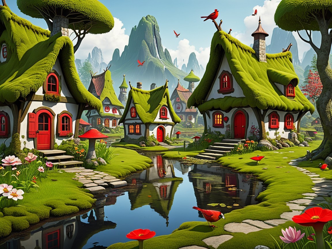 Whimsical Village with Cottages and Scenic Landscape
