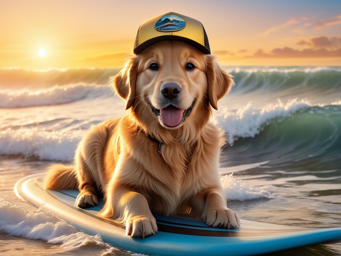 Golden retriever on surfboard at sunset beach scene