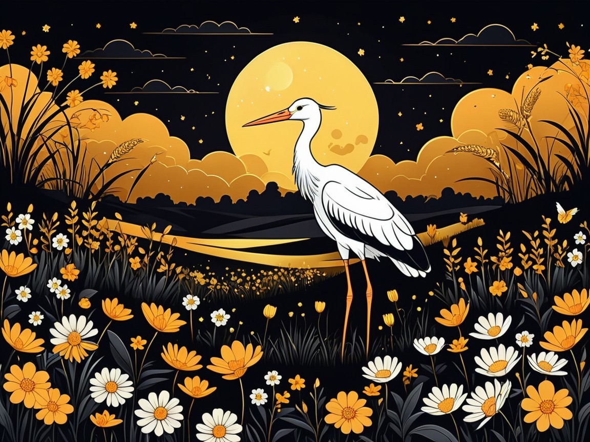 Serene Landscape with Heron and Vibrant Flowers