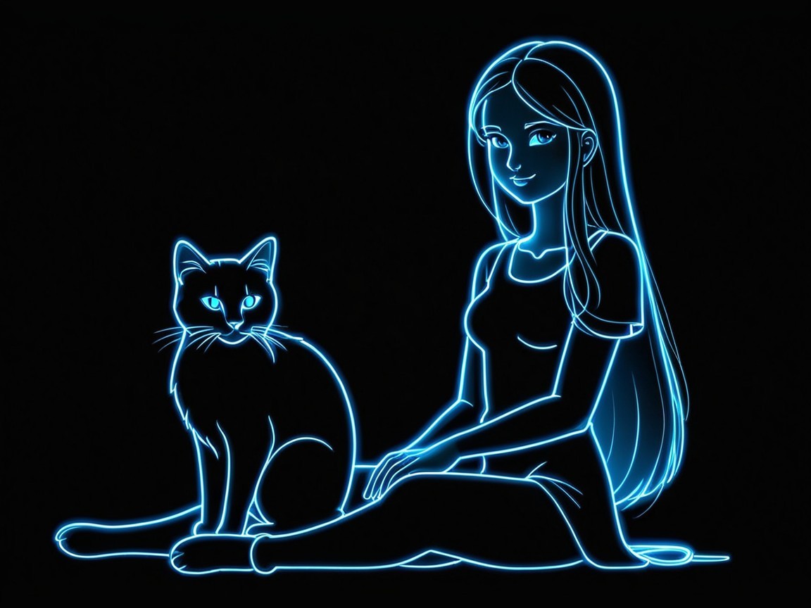Neon Outline of Woman and Cat in Cozy Setting
