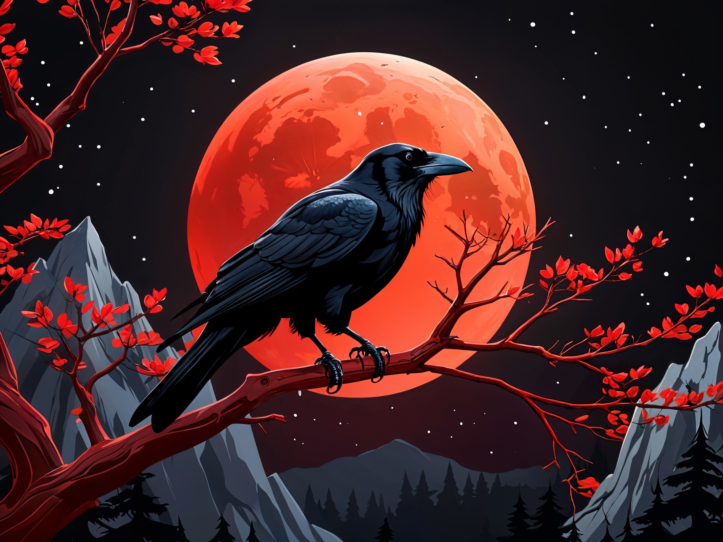 Black Raven Silhouetted by Blood-Red Moon and Stars