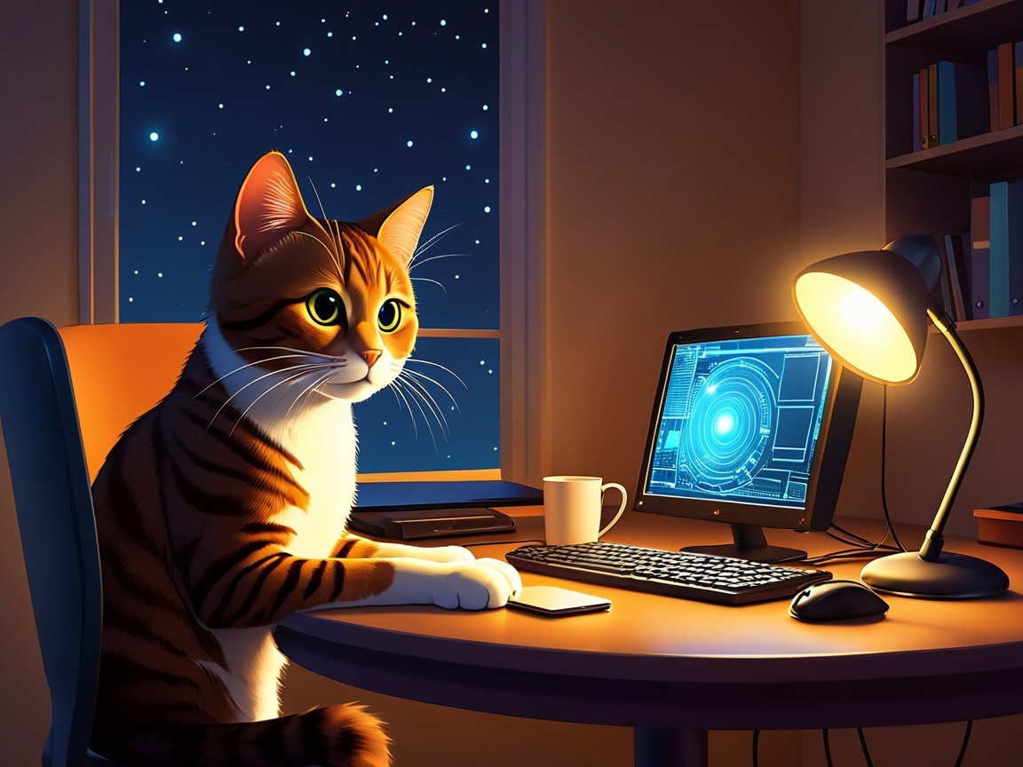 Cat with Orange and Black Stripes at Desk with Tech