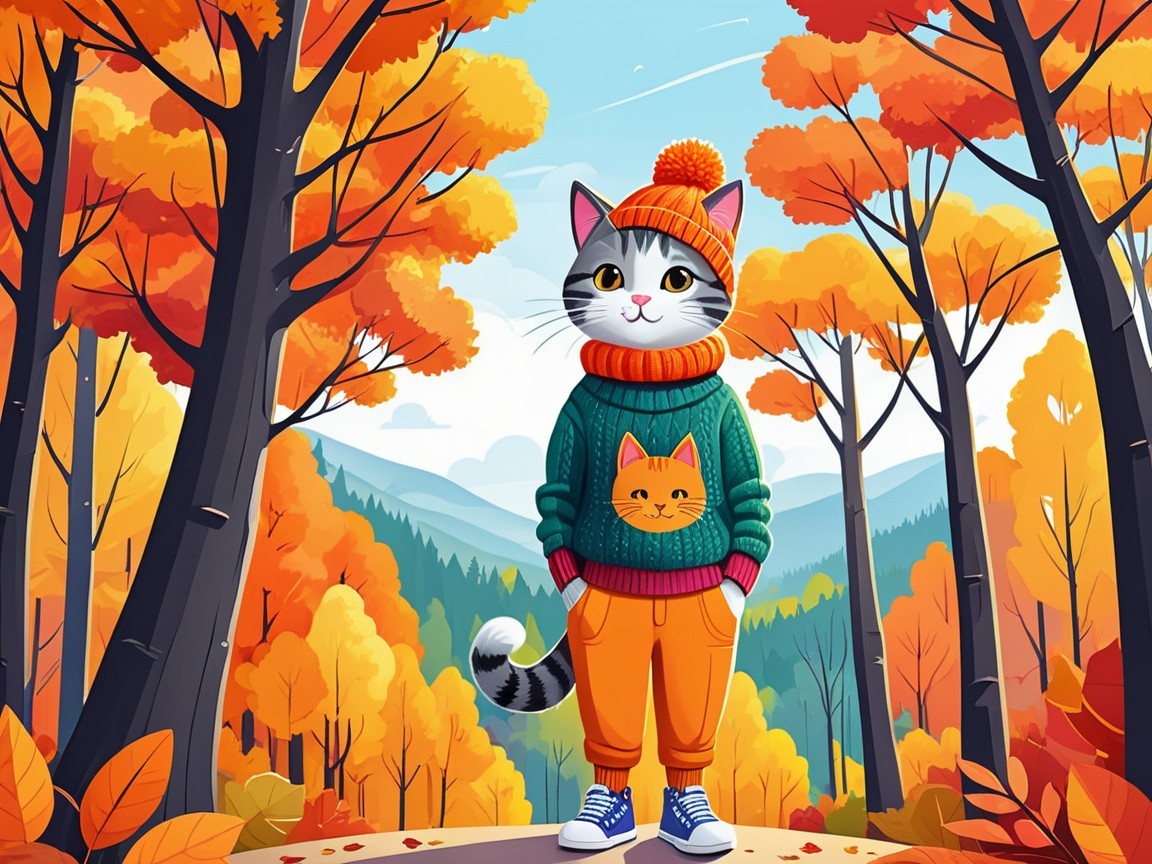 Cartoon Cat in Cozy Sweater in Autumn Forest Scene