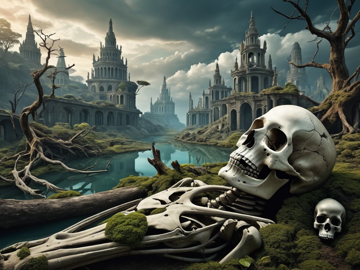 Haunting Landscape of Ancient Towers and Skeletons