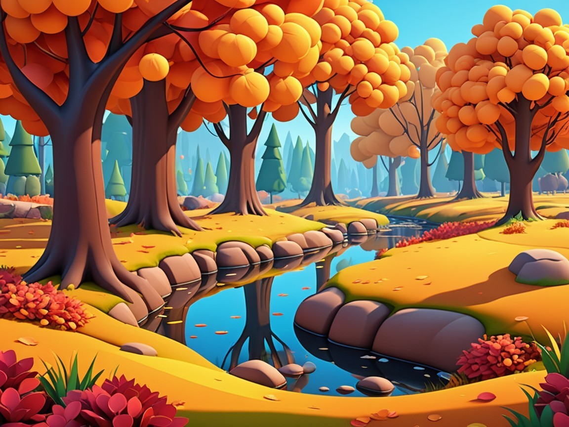 Vibrant Autumn Landscape with Stylized Trees and Creek