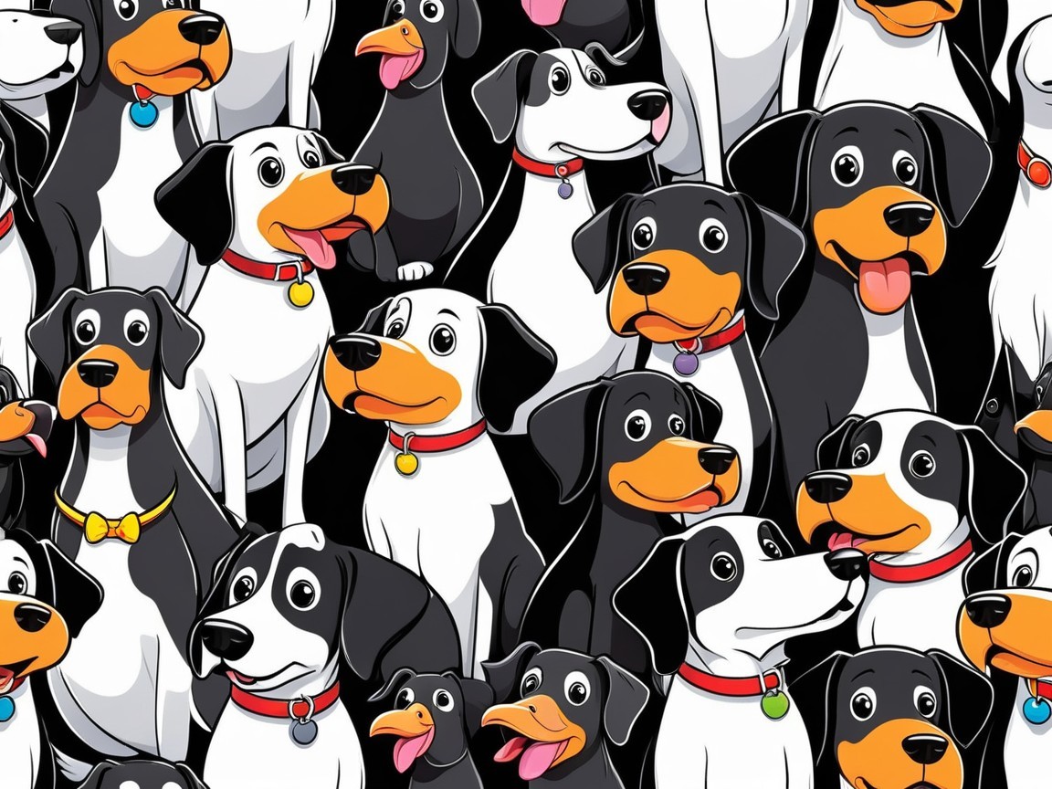 Colorful Cartoon Dog Pattern on Black Background