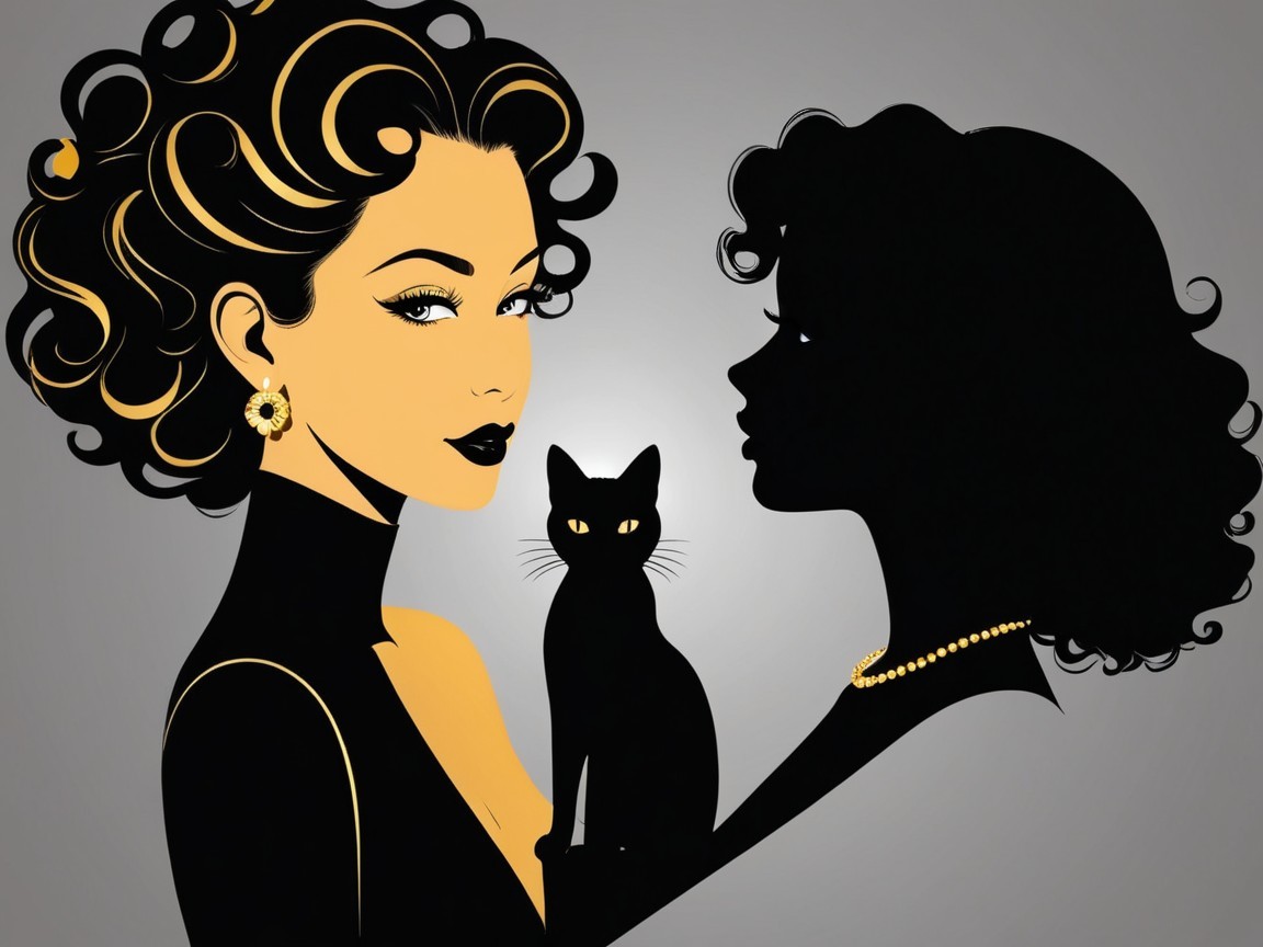 Silhouette of Two Women with a Black Cat in Gold