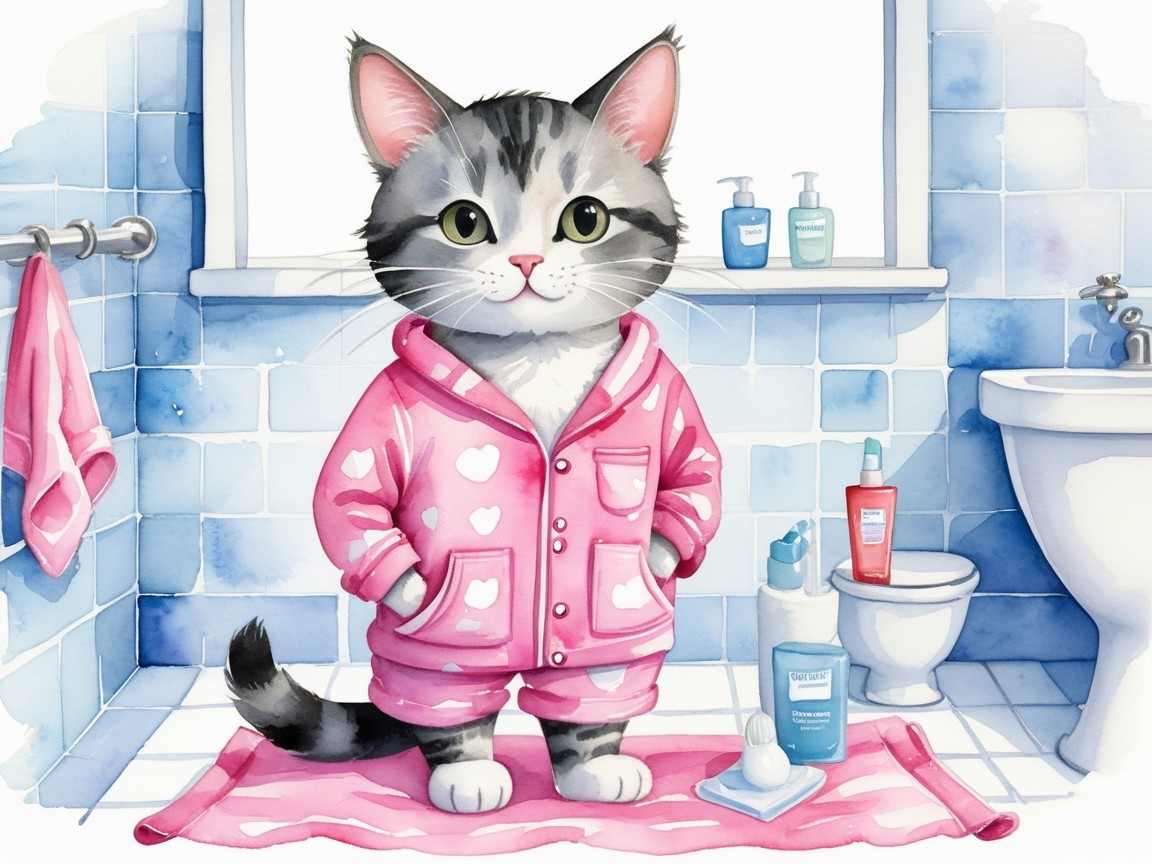 Cartoon Cat in Pastel Bathroom with Cozy Details