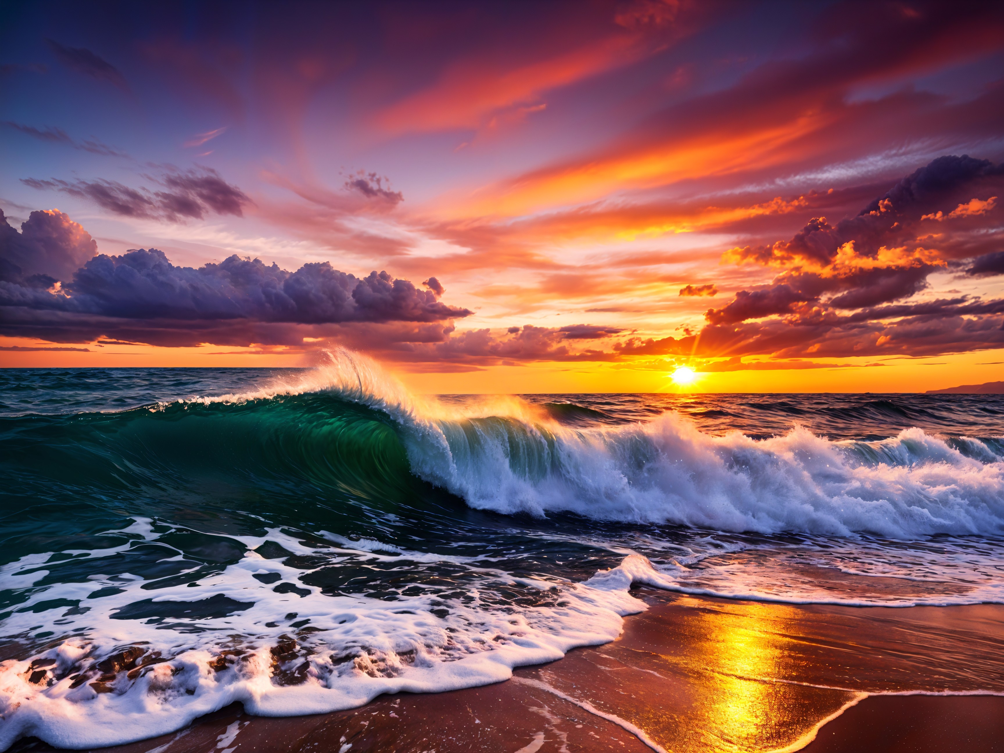 Vibrant Sunset Over Sandy Shore with Crashing Waves