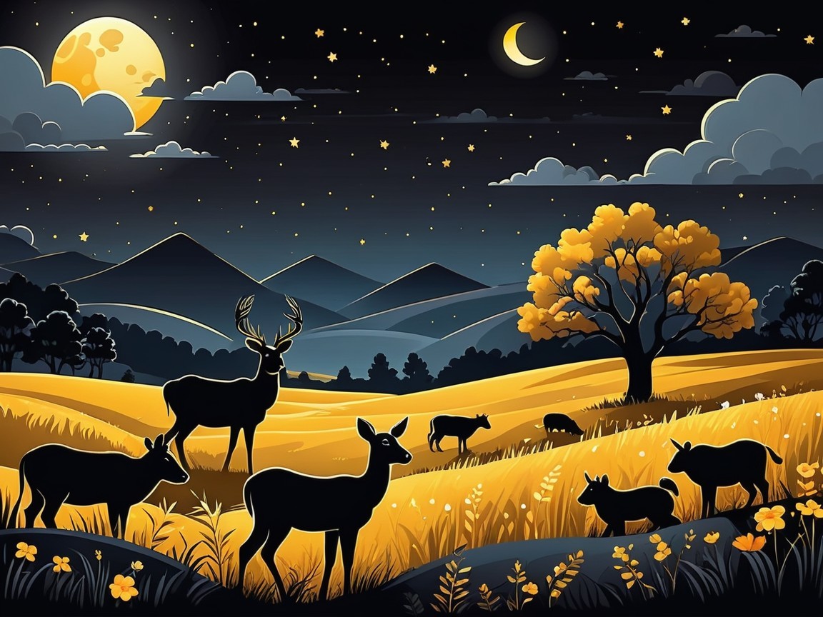 Serene Nighttime Landscape with Grazing Deer and Moonlight