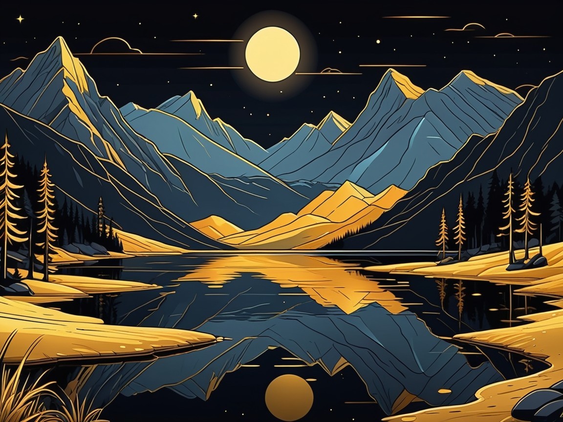 Serene Nighttime Landscape with Mountains and Moon