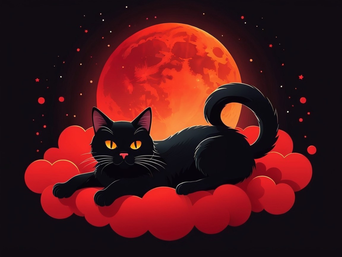 Black Cat on Red Clouds with Orange Full Moon