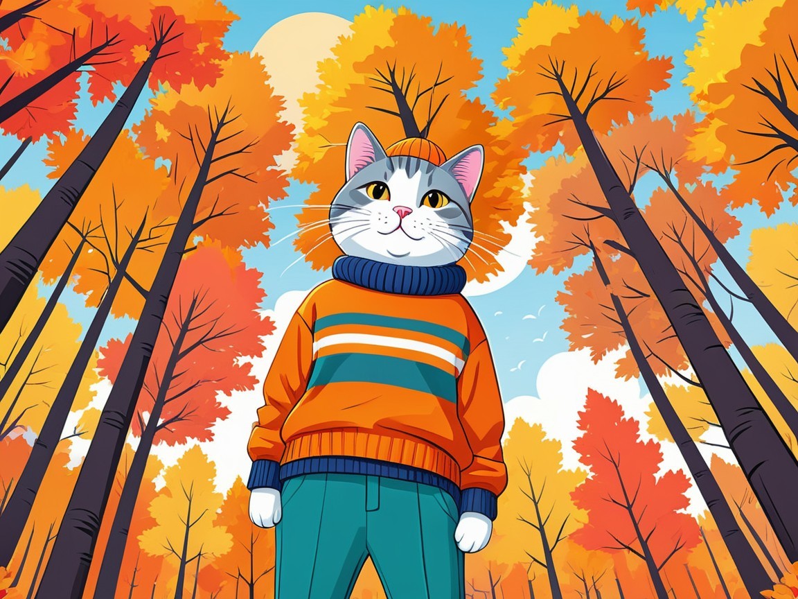 Whimsical Cartoon Cat in Vibrant Autumn Forest
