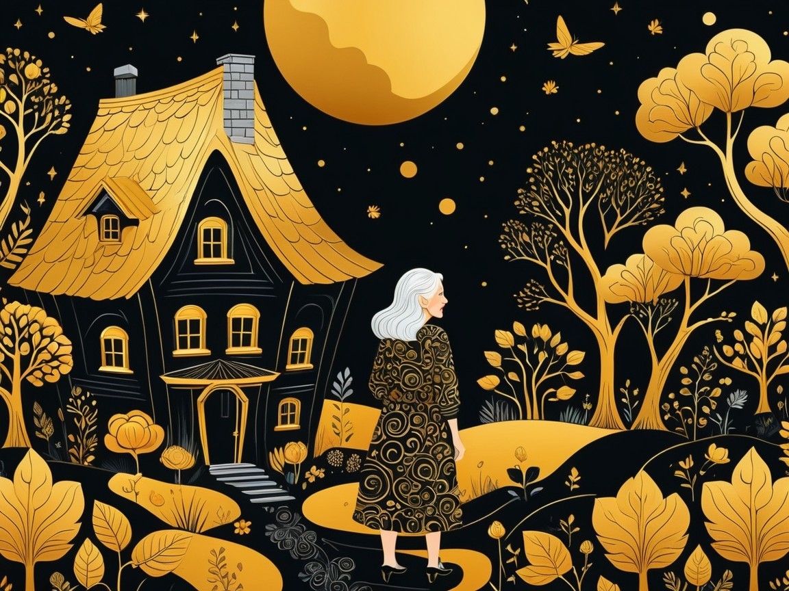 Whimsical Scene with Silver-Haired Woman and Moon