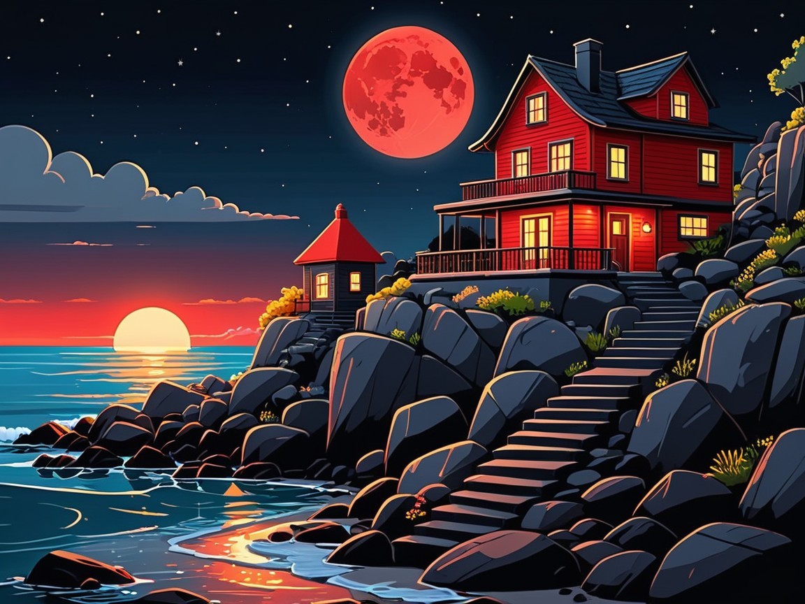 Cozy Red House Overlooking Tranquil Sea at Sunset