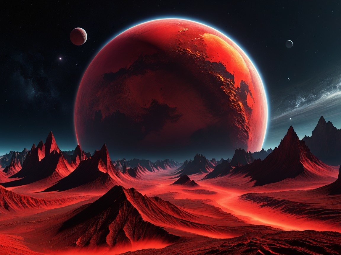 Dramatic Alien Landscape with Crimson Planet and Mountains