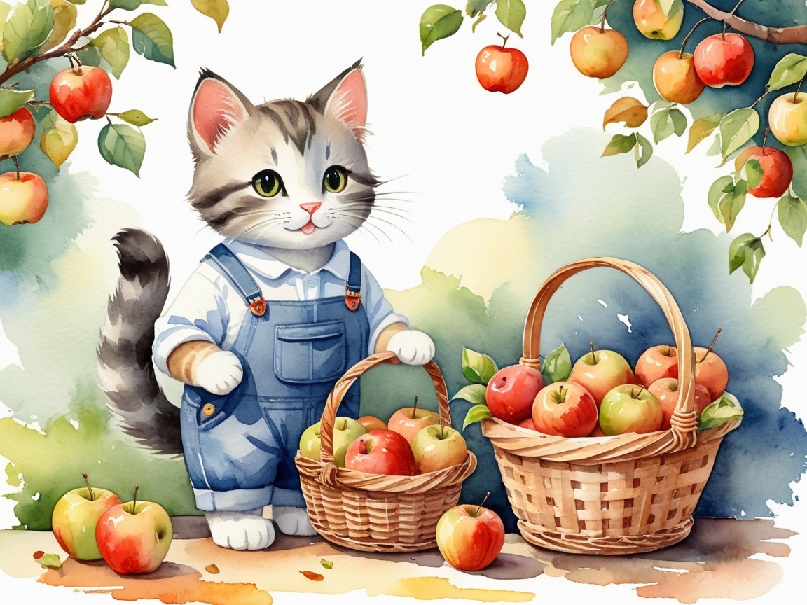 Tabby Kitten in Overalls Surrounded by Apple Orchard