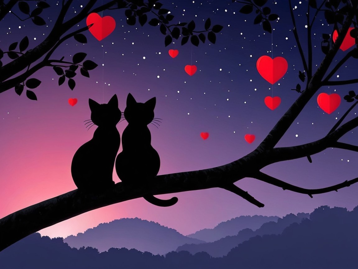 Twilight Scene with Two Cats and Heart Decorations