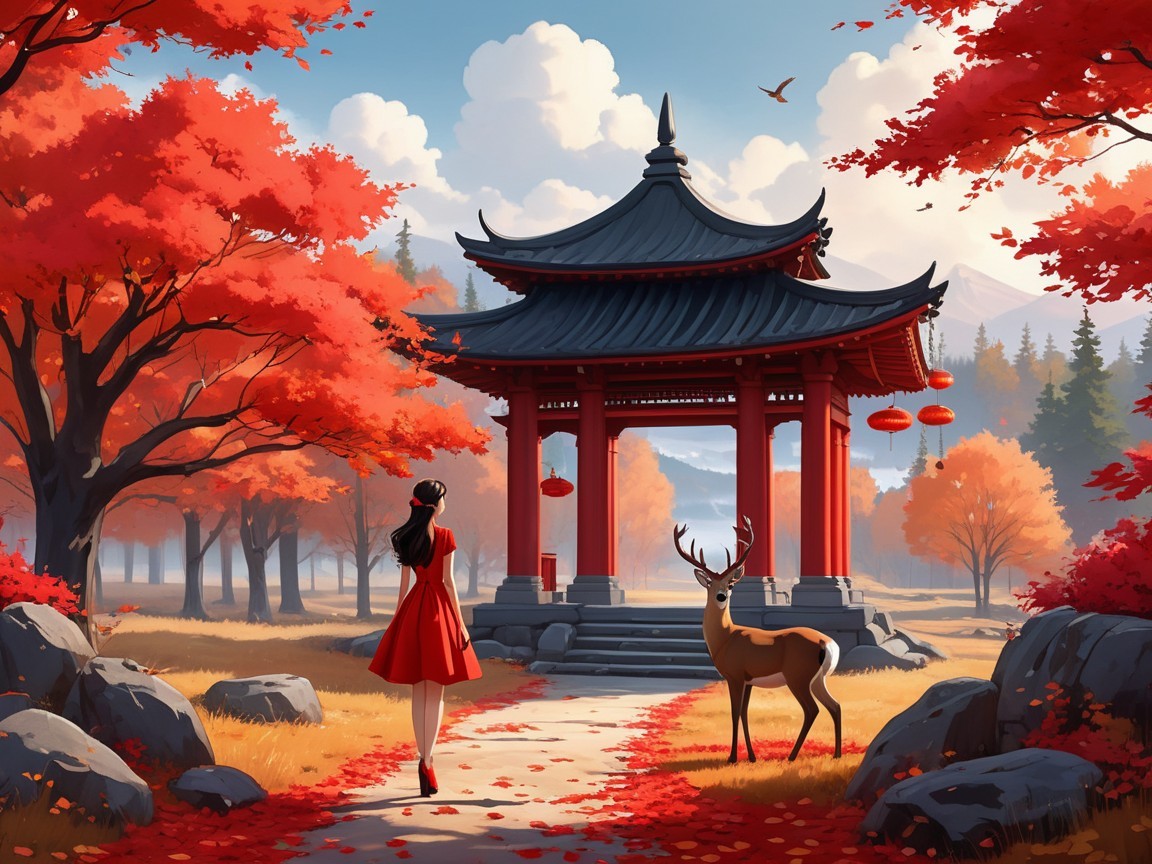 Autumn Landscape with Woman in Red Dress and Pagoda
