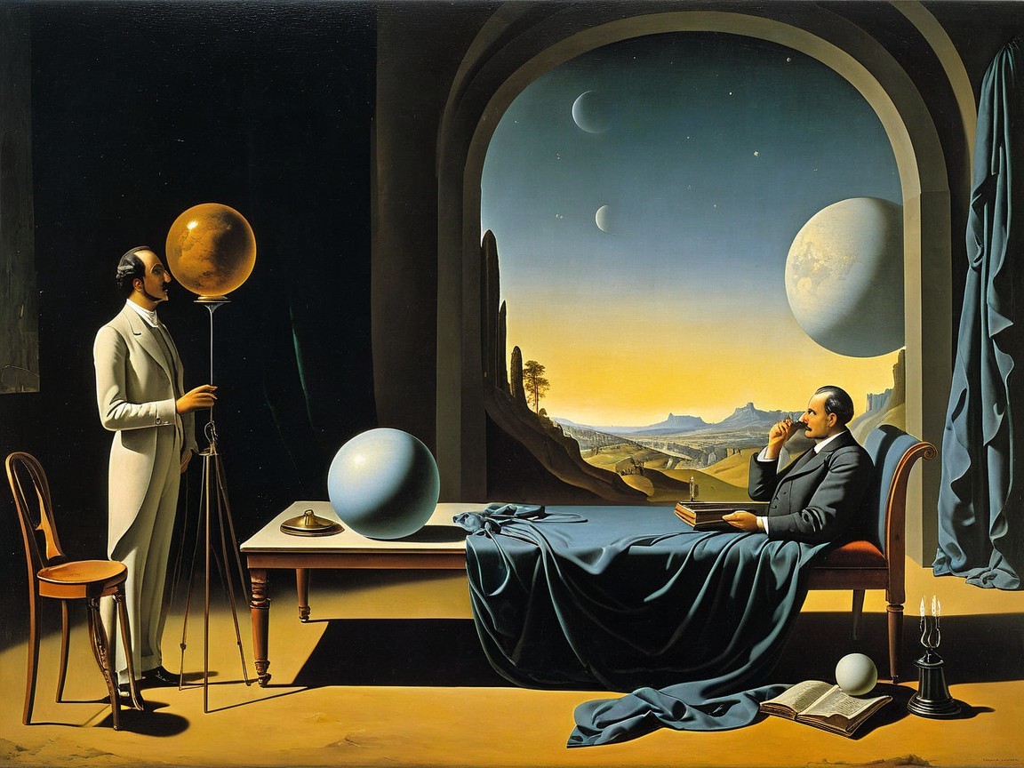 Surreal Painting of Figures in Cosmic Landscape Room