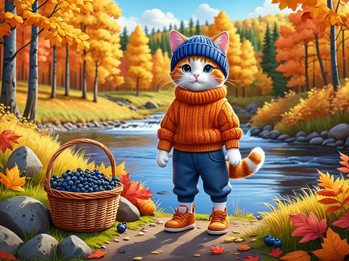 Charming Cat in Autumn Landscape by Serene River