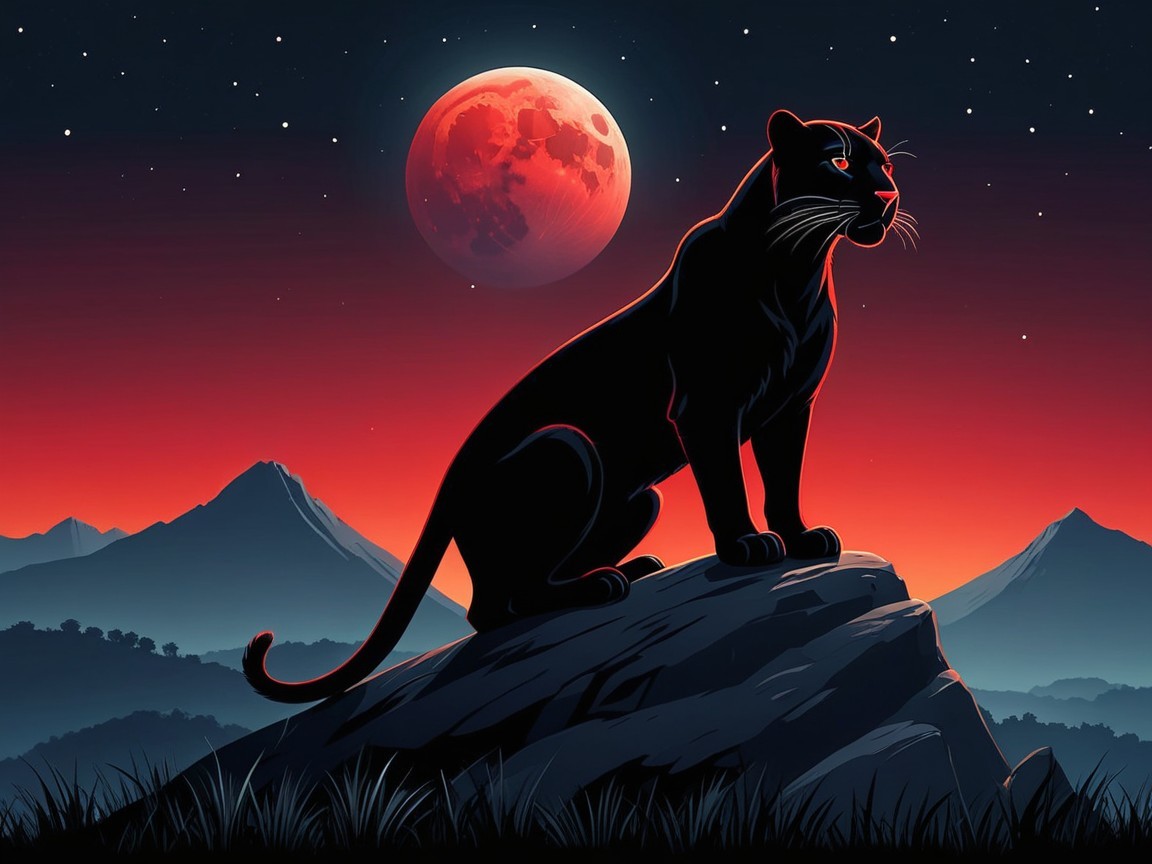 Black Panther Silhouetted Against Red Moonlit Sky