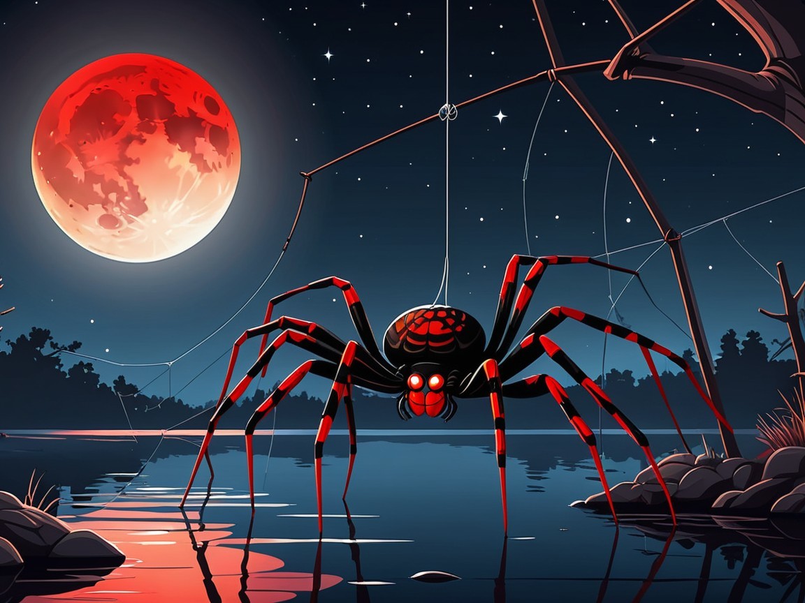Menacing Spider Over Tranquil Lake at Night