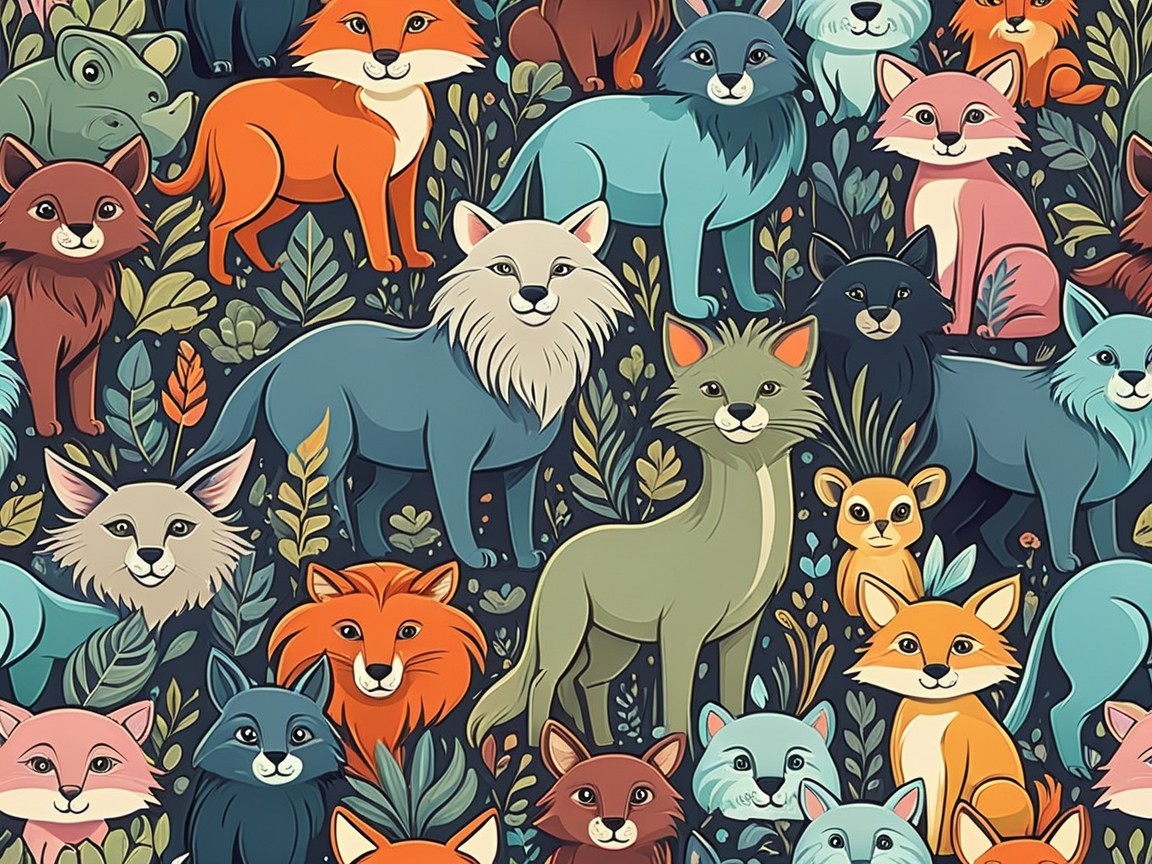 Playful Woodland Illustration with Stylized Animals