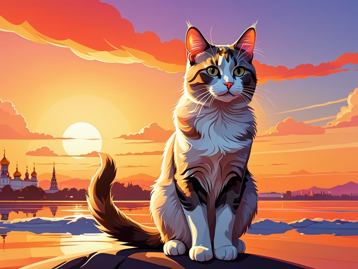 Vibrant Sunset with Majestic Cat in Picturesque Landscape