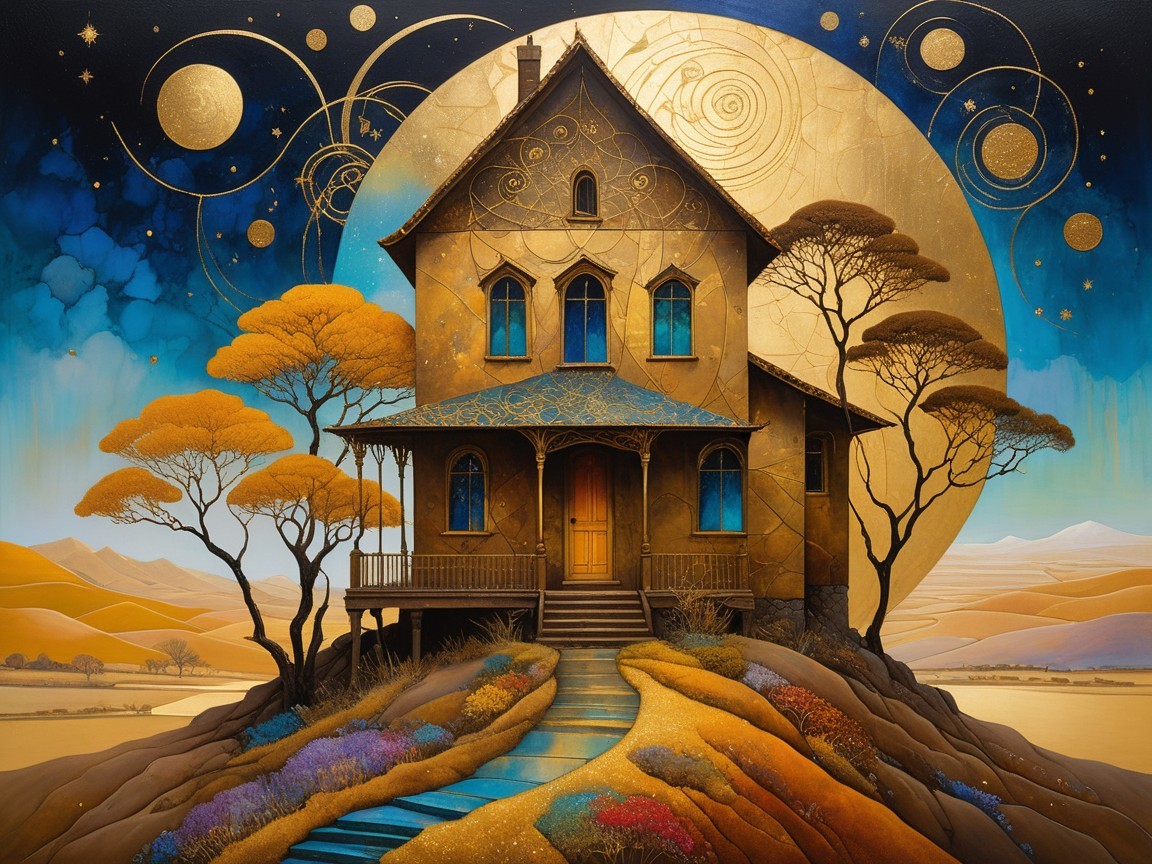 Surreal Golden House with Vibrant Trees and Moonlight