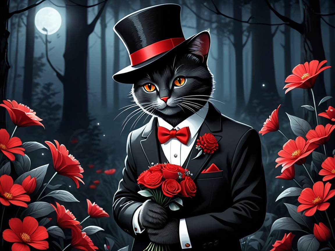 Elegant Cat in Tuxedo Surrounded by Red Flowers