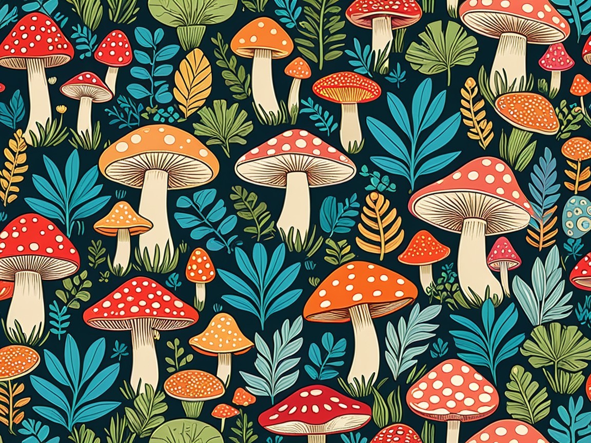 Vibrant Mushroom Pattern with Colorful Foliage Design