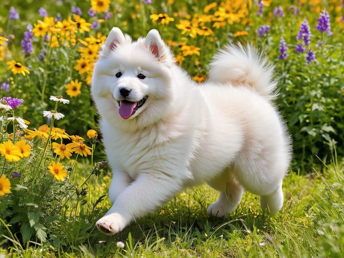Fluffy Samoyed Puppy in Wildflower Field