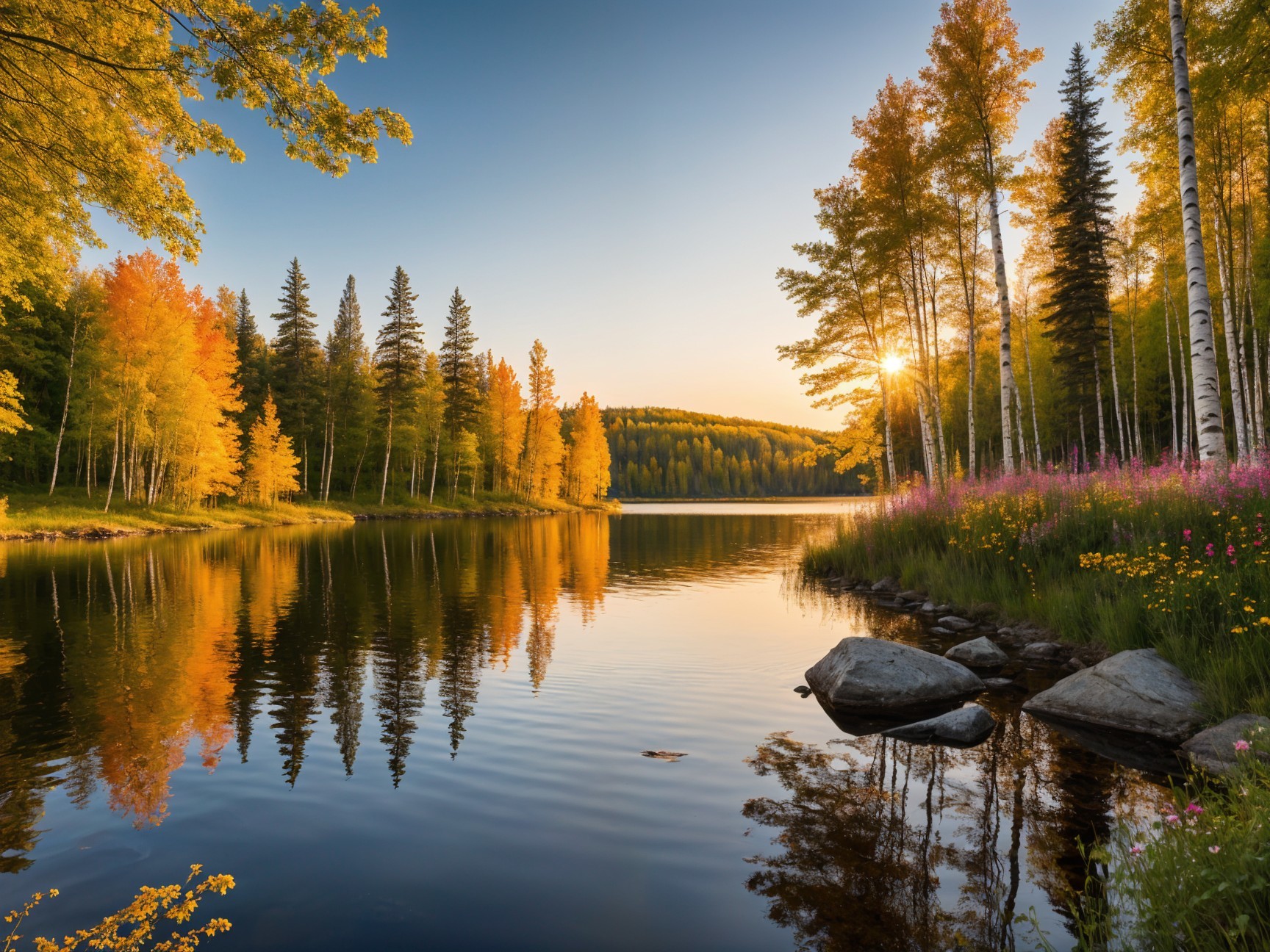 Serene Lake Surrounded by Vibrant Autumn Foliage