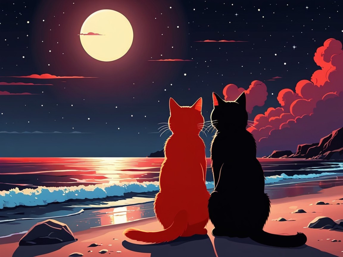 Cats on a Beach Under a Full Moon and Stars