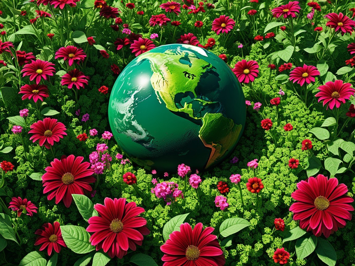 Vibrant Garden Scene with Globe and Colorful Flowers