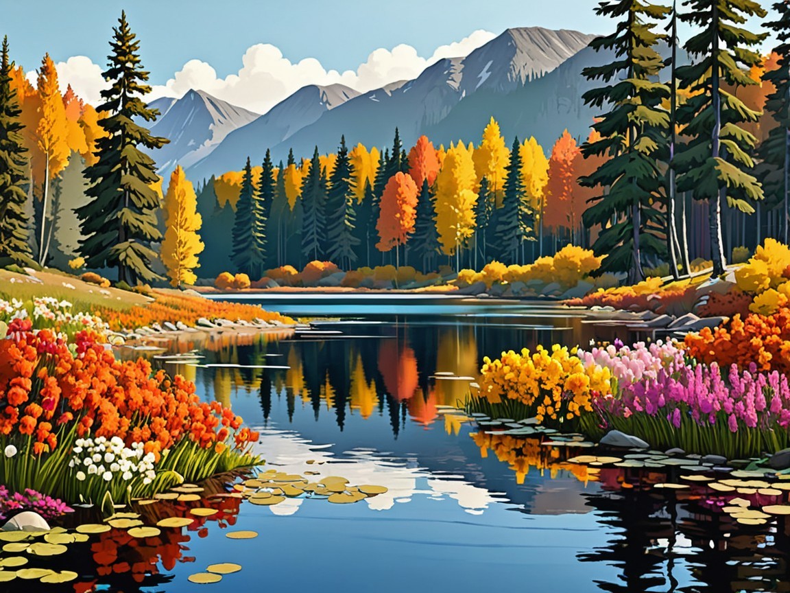 Tranquil Lake Surrounded by Wildflowers and Mountains