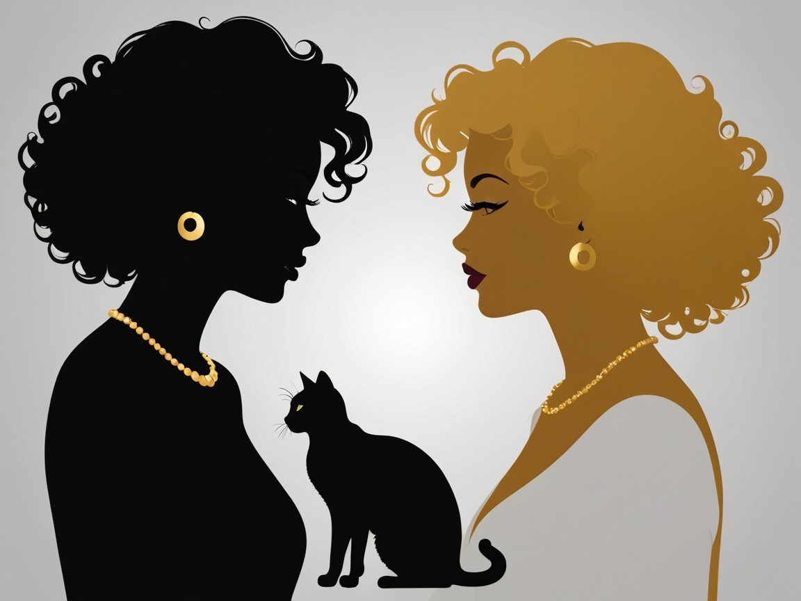 Profile Silhouettes of Women with Black Cat and Pearls