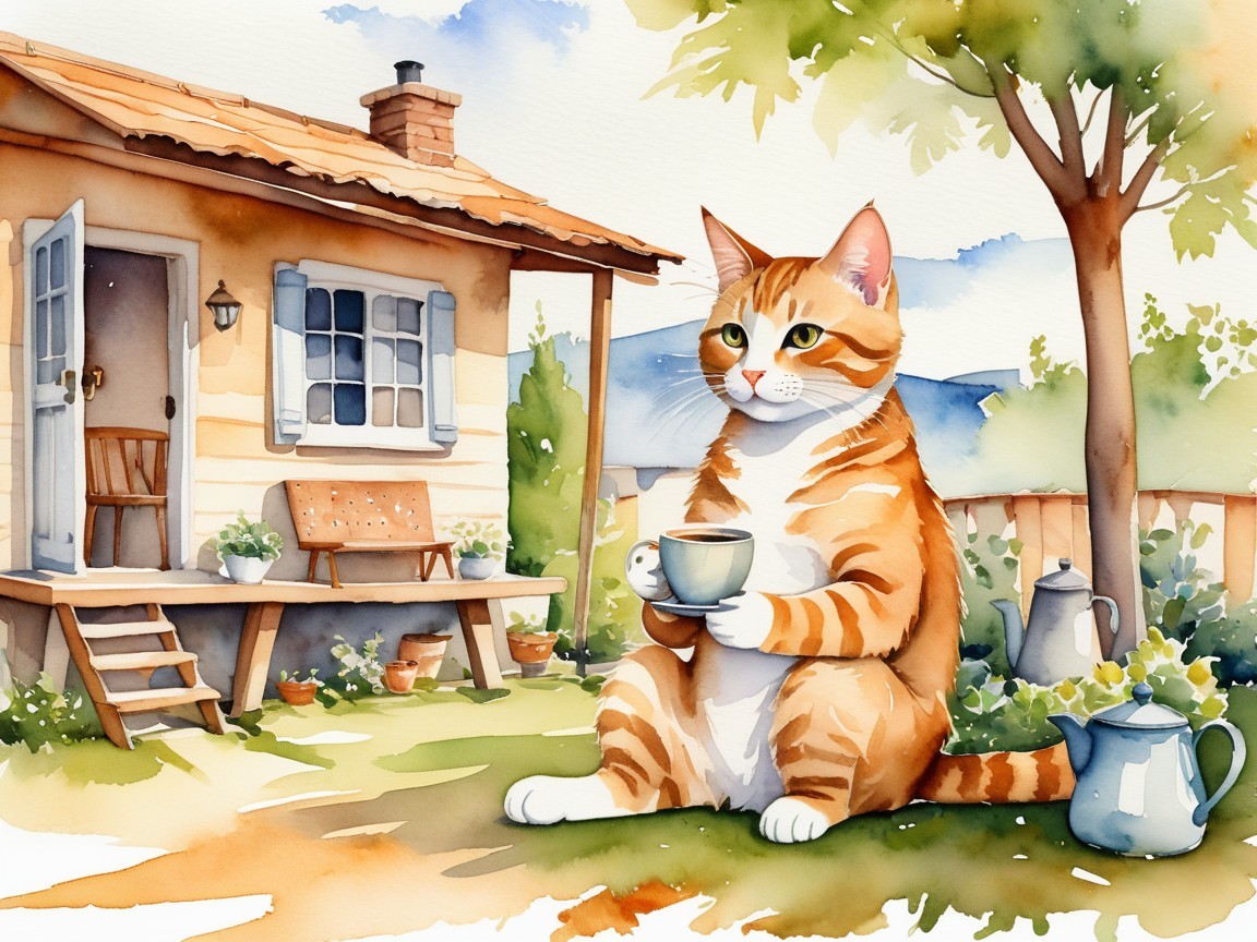 Orange Tabby Cat in Sunny Garden with Cottage Scene