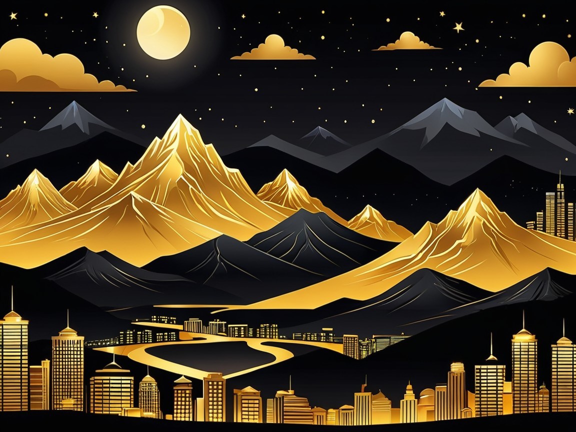 Nighttime Scene of Golden Mountains and City Skyline