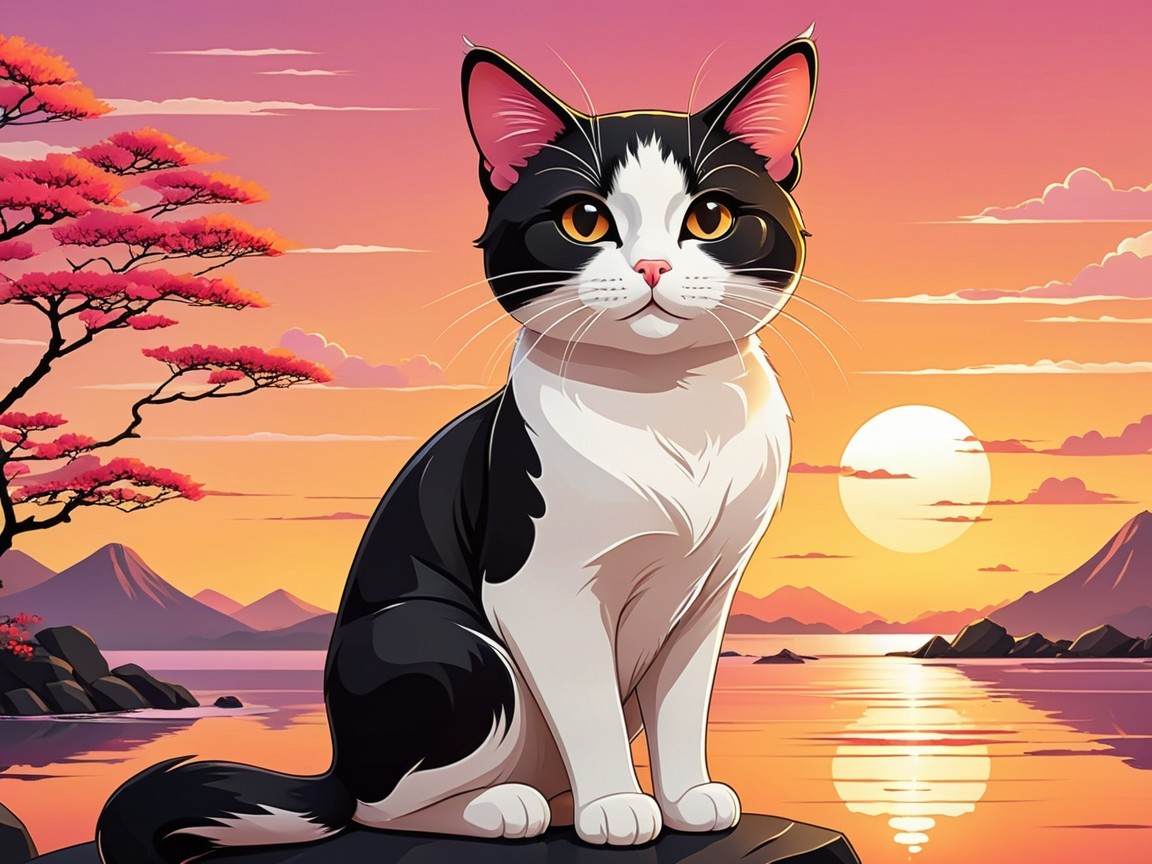Majestic Cat by Water at Sunset with Cherry Blossoms