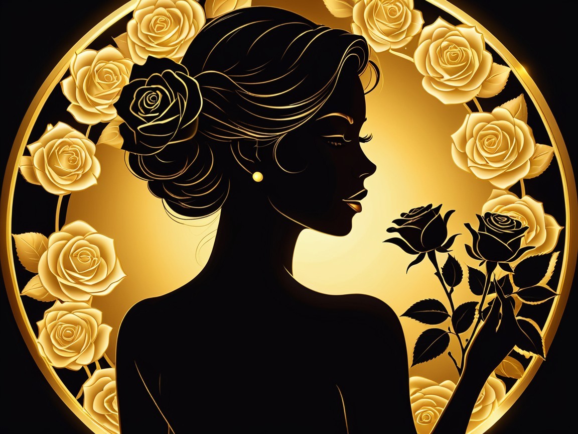 Silhouetted Woman with Roses on Golden Background