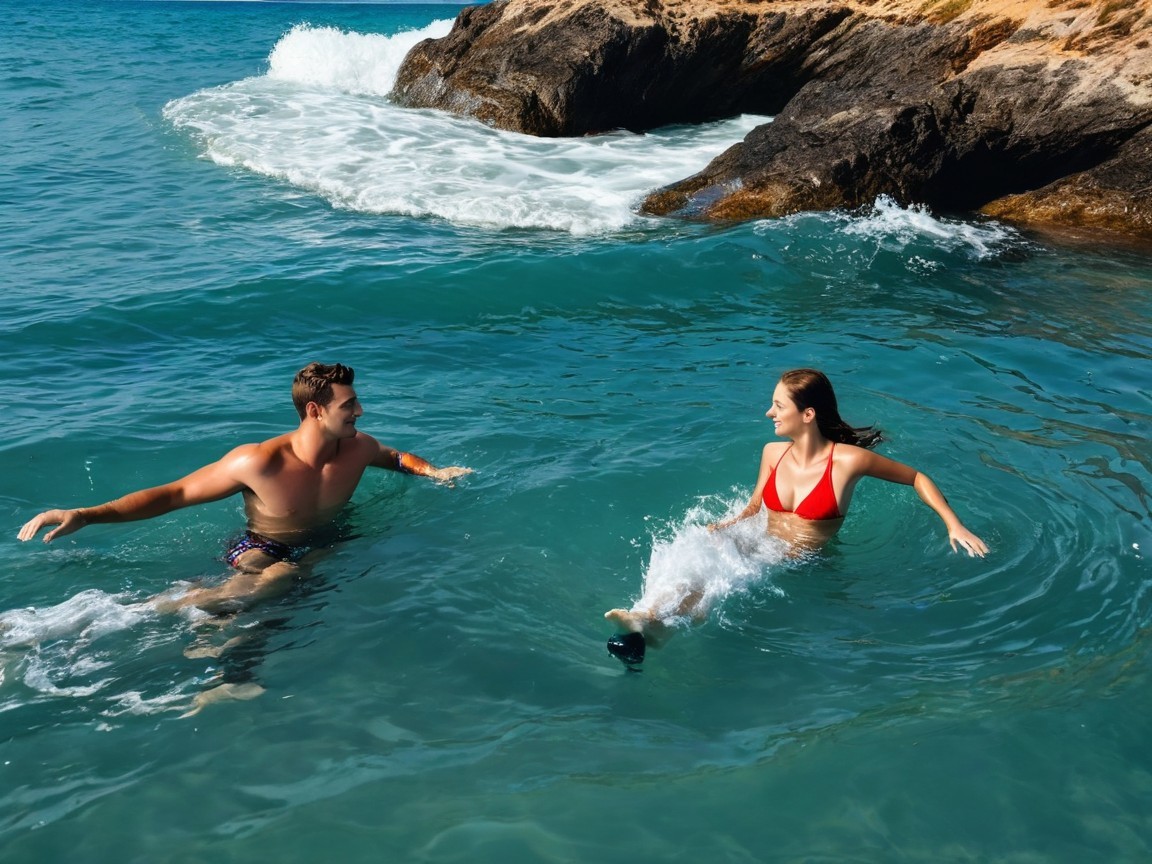 Couple Splashing in Turquoise Ocean Waters on Beach