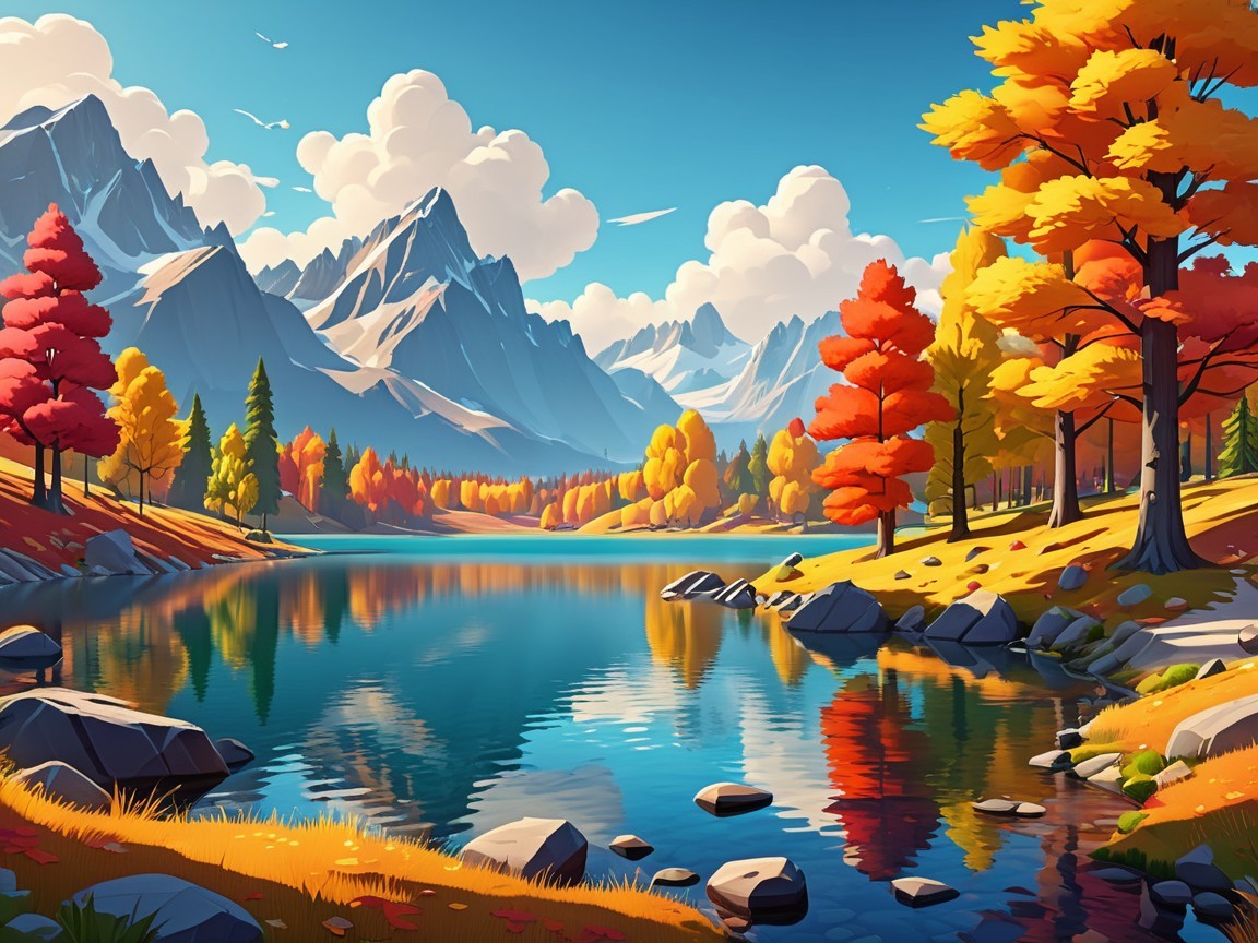 Vibrant Autumn Landscape with Serene Lake and Mountains