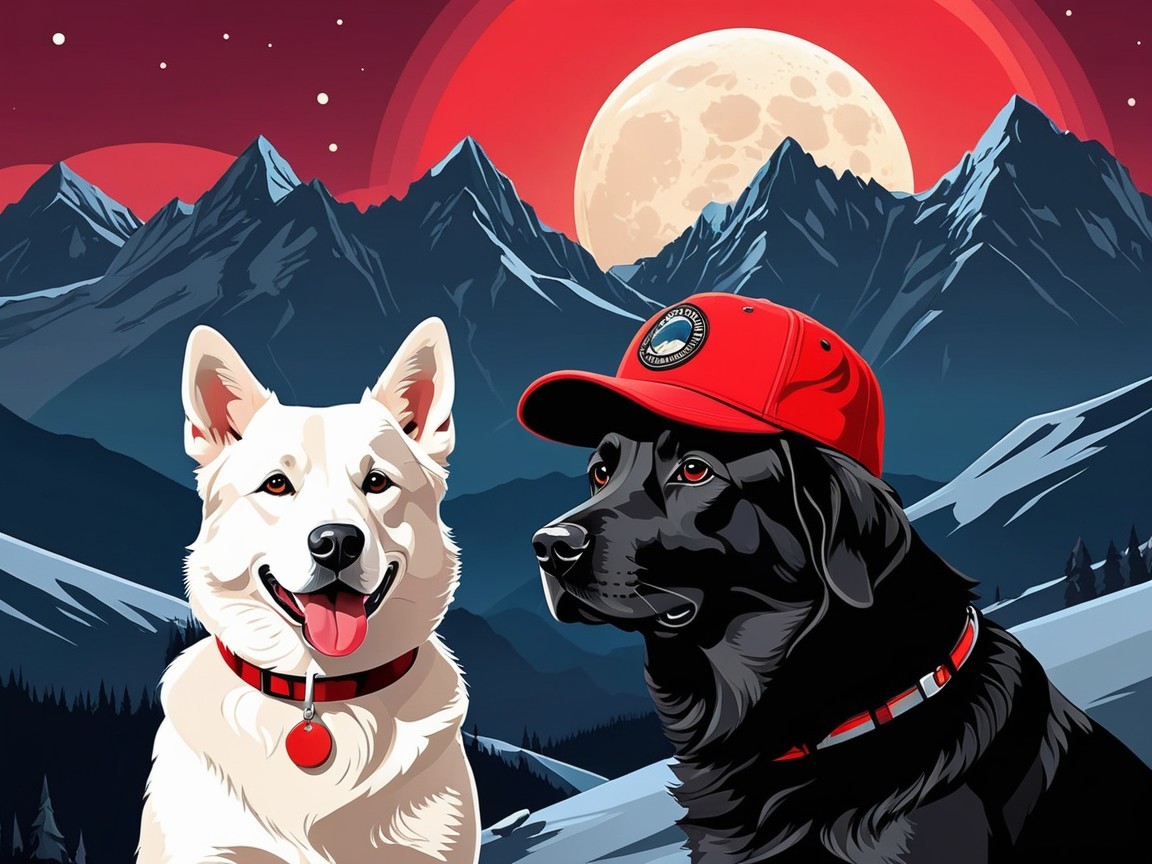 Playful Dogs in Mountainous Landscape Under Full Moon