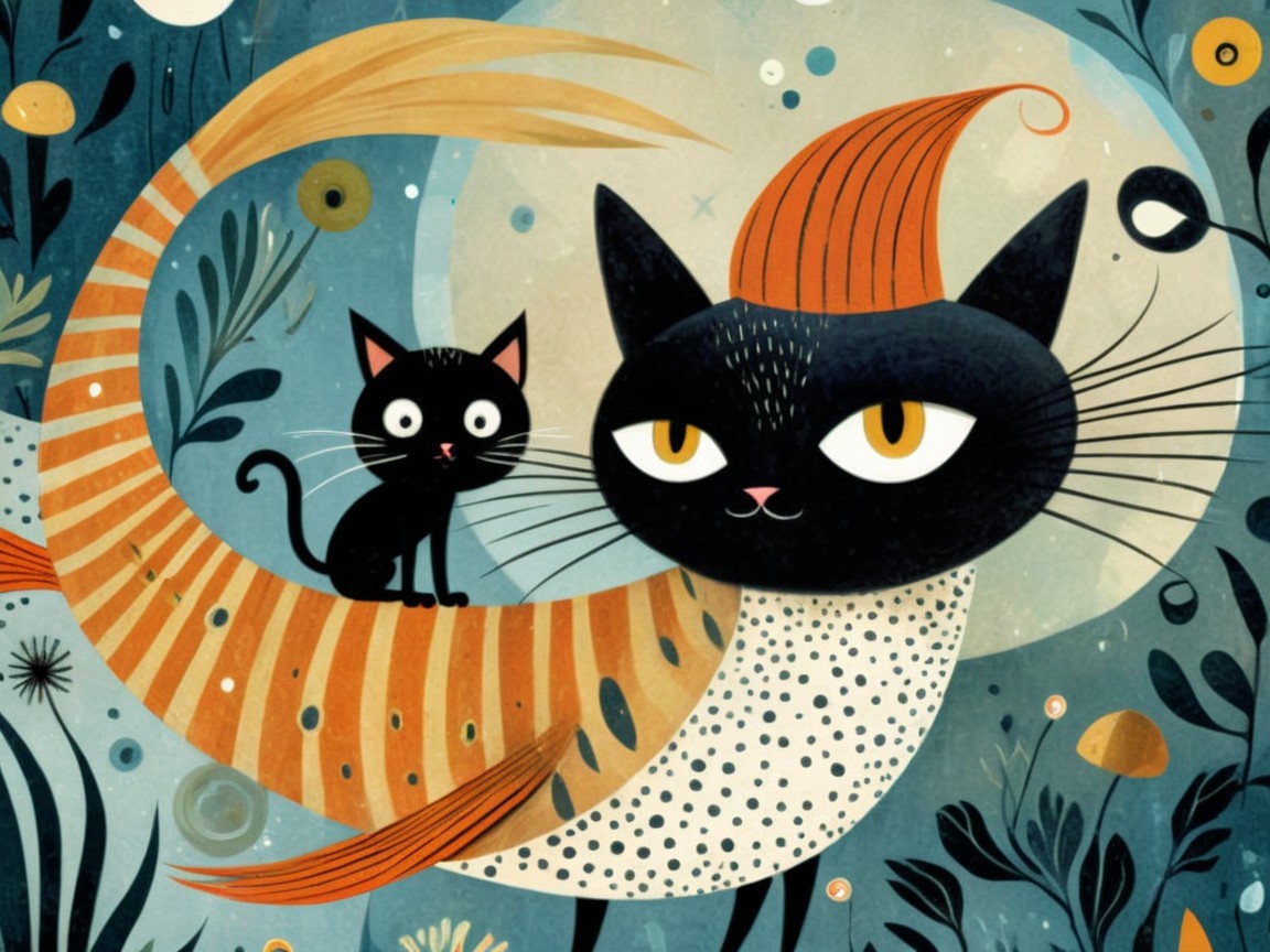 Whimsical Illustration of Cats in a Colorful Landscape